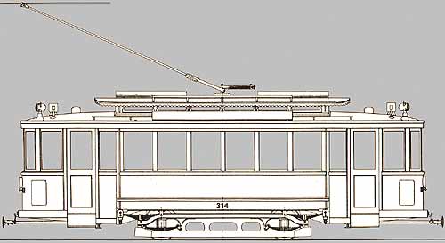 Tegning af vogn 314 med forlængede perroner